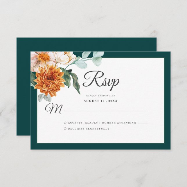 Mörk Teal Burnt Orange Rustic Fall Wedding Blommig OSA Kort (Fram/baksida)