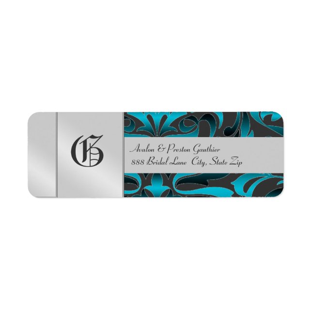 Mörk Teal Damask Monogram Silver Bröllop-etikett Returadress Etikett (Framsidan)