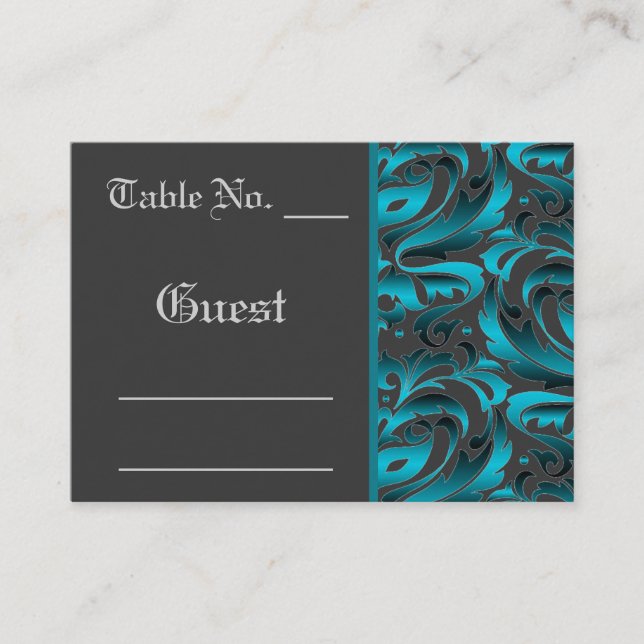 Mörk Teal Damask Wedding Bord PlaceCard Placeringskort (Framsida)
