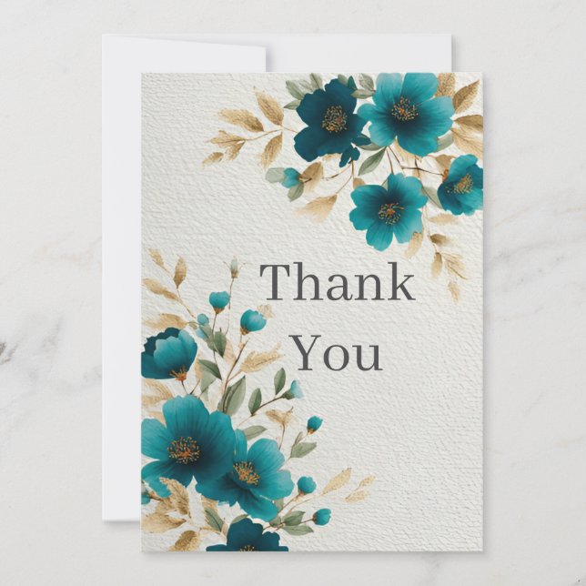 Mörk Teal Flowers & Guld Löv - tack för ditt kort (Framsida)