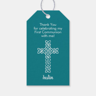 Mörk Teal Frist Communion-Tack-förmån Presentetikett