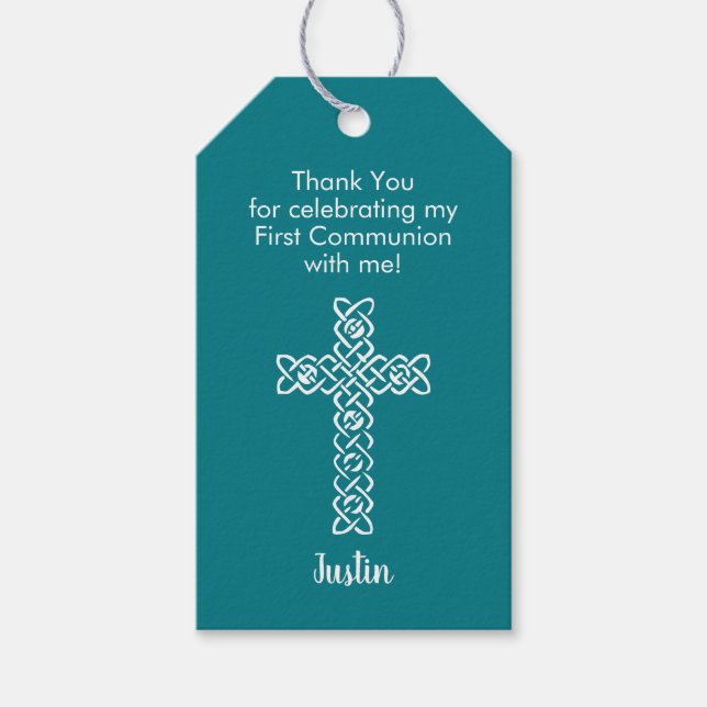 Mörk Teal Frist Communion-Tack-förmån Presentetikett (Framsidan)