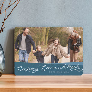 Mörk Teal Geo-skript Hanukkah Photo Julkort