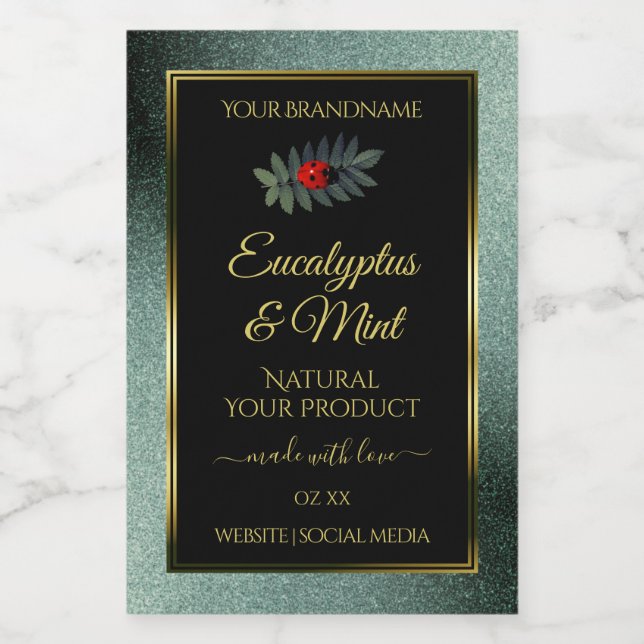 Mörk Teal Glitter Black Product Labels Ladybug Mat Etikett (Singel etikett)