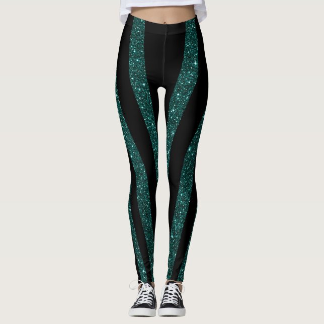 Mörk Teal Glitter Black Rand Leggings (Framsida)