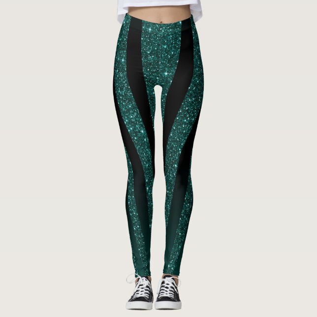 Mörk Teal Glitter Sparkles Leggings (Framsida)