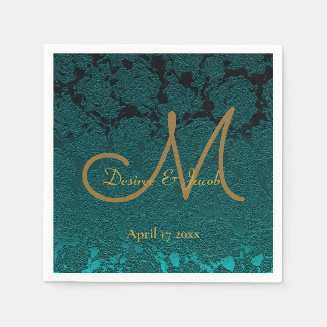 Mörk Teal Guld Blommig Höst Bröllopsmonogram Pappersservett (Framsidan)