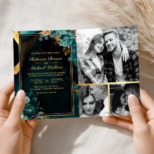 Mörk Teal Guld Blommig Marmor QR-kod Bröllop Inbjudan