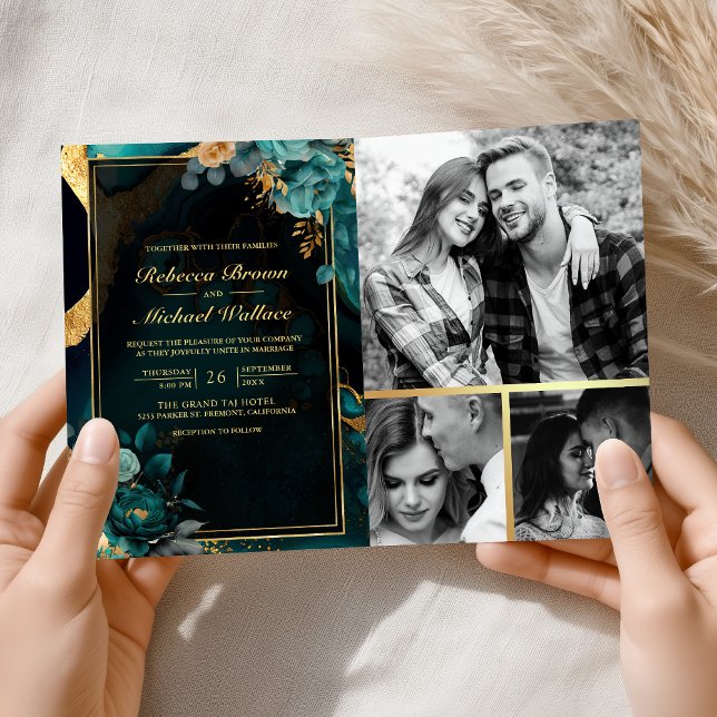 Mörk Teal Guld Blommig Marmor QR-kod Bröllop Inbjudan (Skapare uppladdad)