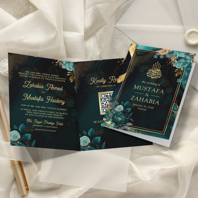 Mörk Teal Guld Blommig QR-kod Muslimsk Bröllopsinb Inbjudan (Skapare uppladdad)