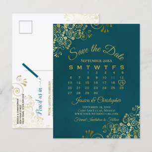 Mörk Teal & Guld Bröllop Spara Datum Kalender Meddelande Vykort