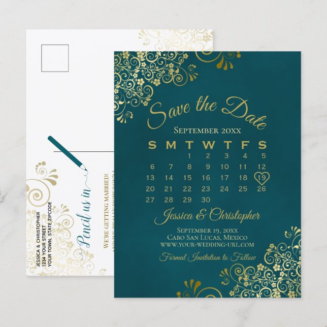 Mörk Teal & Guld Bröllop Spara Datum Kalender Meddelande Vykort (Fram/baksida)
