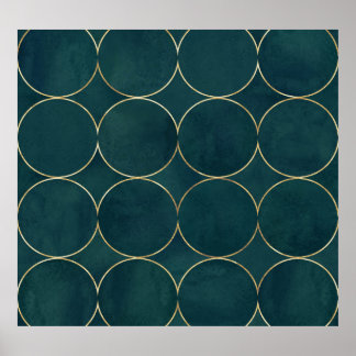 Mörk Teal, Guld Circles Watercolor. Poster