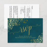 Mörk Teal & Guld Elegant Lacy Kalligrafi Bröllop