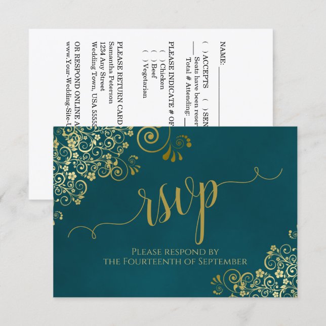 Mörk Teal & Guld Elegant Lacy Kalligrafi Bröllop OSA Kort (Fram/baksida)