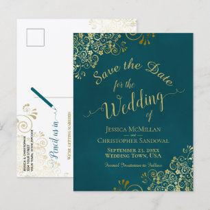 Mörk Teal & Guld Kalligrafi Bröllop Save the Date Meddelande Vykort
