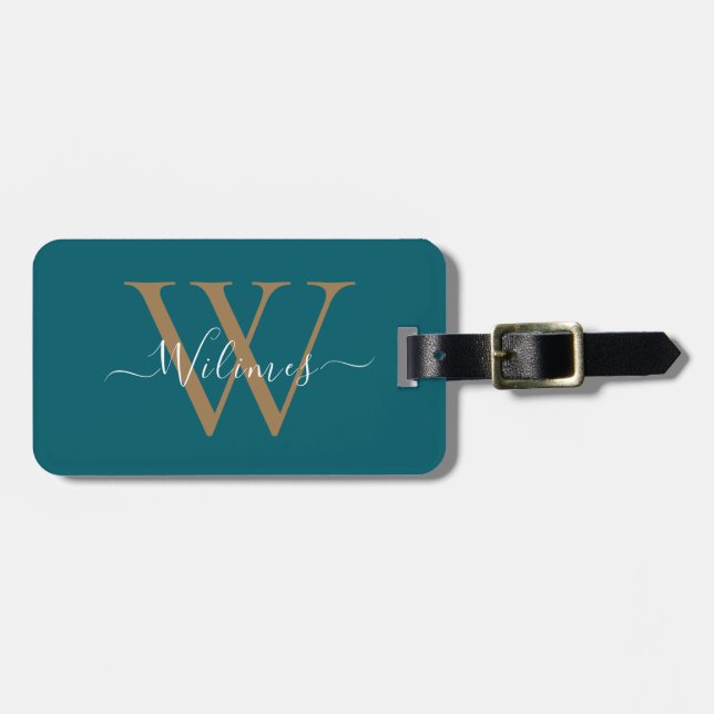 Mörk Teal Guld Monogram Skript Namn Stilig Bagagebricka (Horisontell Framsida)