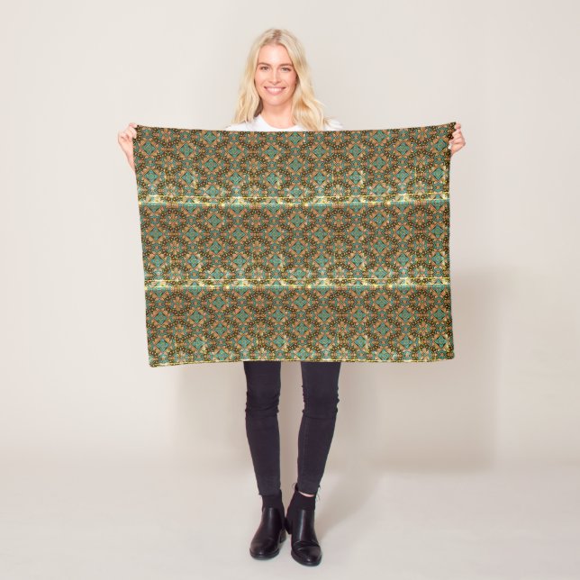 Mörk Teal Guld Retro Damask Fleecefilt (På plats)