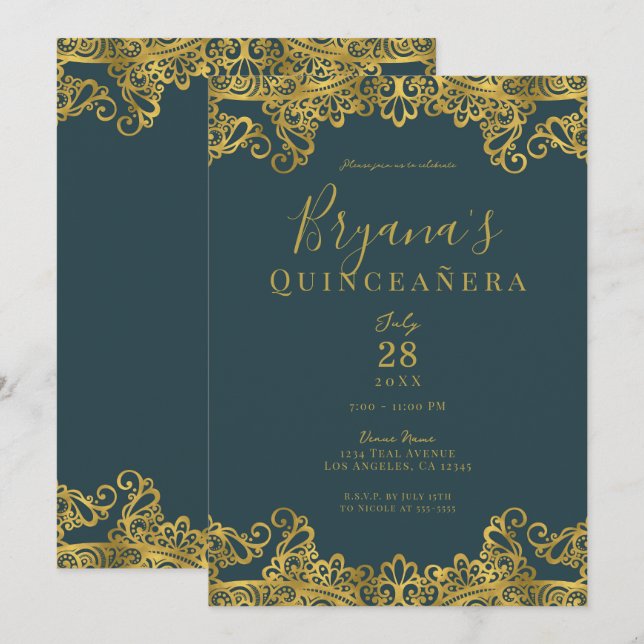 Mörk Teal & Guld Snöre Elegant Quinceañera Party Inbjudningar (Fram/baksida)