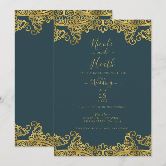 Mörk Teal & Guld Spets Elegant Bröllop  Inbjudningar (Fram/baksida)