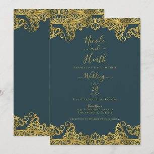 Mörk Teal & Guld Spets Elegant Bröllop Inbjudningar