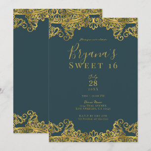 Mörk Teal & Guld Spets Elegant Sweet 16 Fest Inbjudningar