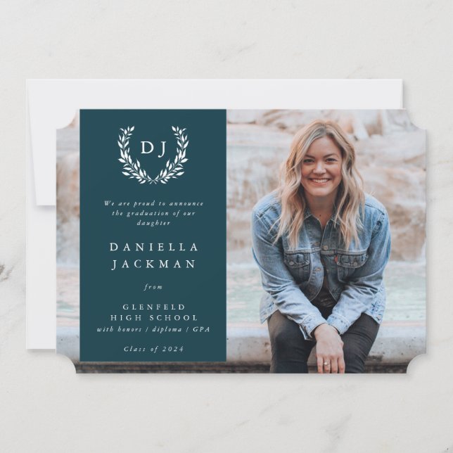 Mörk Teal Monogram Laurel Wand Studenten Photo Meddelande (Framsida)