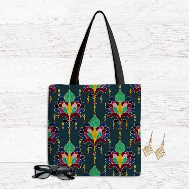 Mörk Teal och Guld Art Deco Blommig Ornament Tygkasse (Skapare uppladdad)