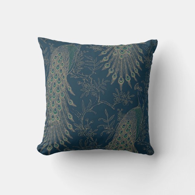 Mörk Teal och Guld Victorian stil Peacock Kudde (Framsida)