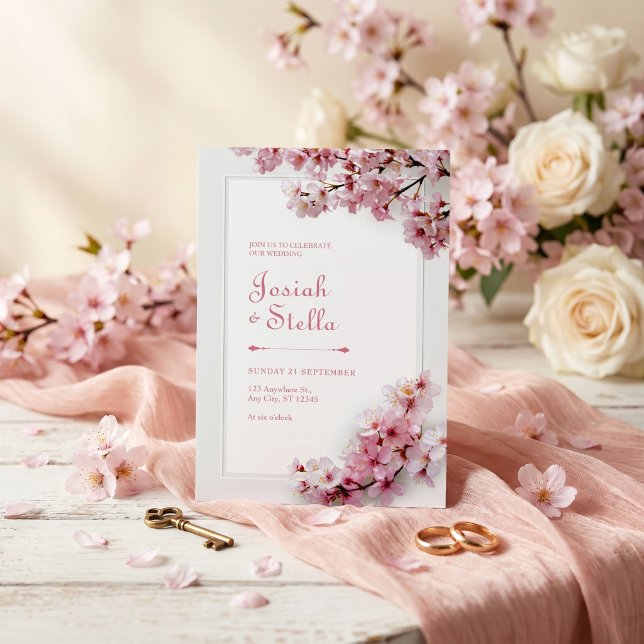 Mörk Teal och Rosa Körsbärsblomster Ram Bröllop Inbjudningar (Skapare uppladdad)