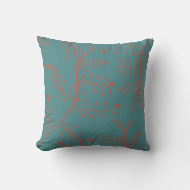 Mörk Teal och Salmon Orange Träd Gren Mönster Kudde (Framsida)