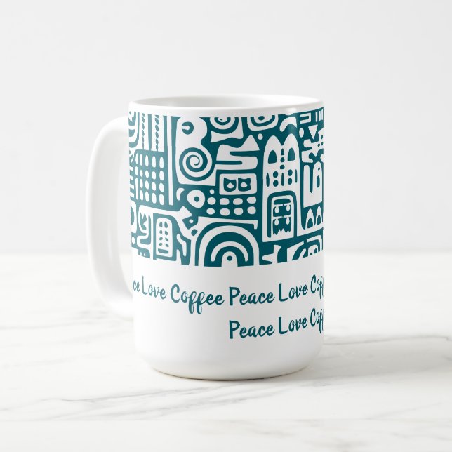 Mörk - teal och vit docka 1 av 4 kaffemugg (Framsida vänster)