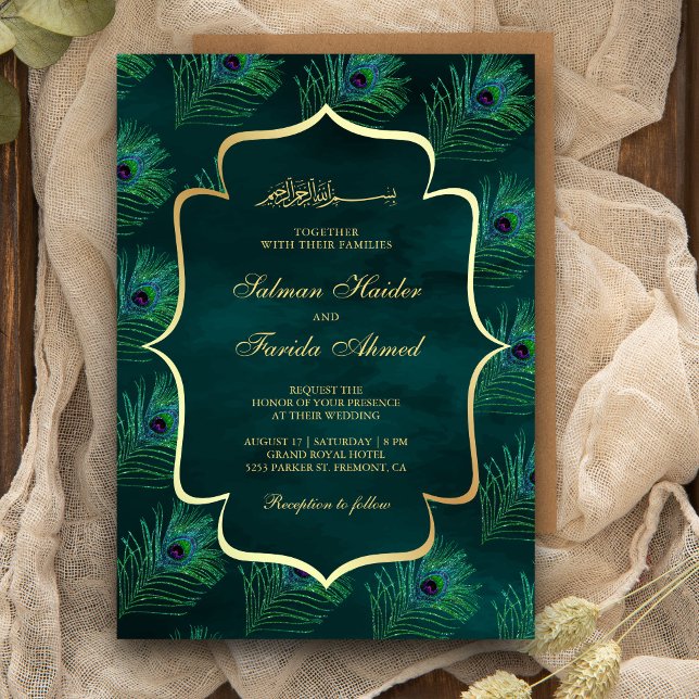 Mörk Teal Peacock Feathers Muslim Bröllop Inbjudningar (Skapare uppladdad)