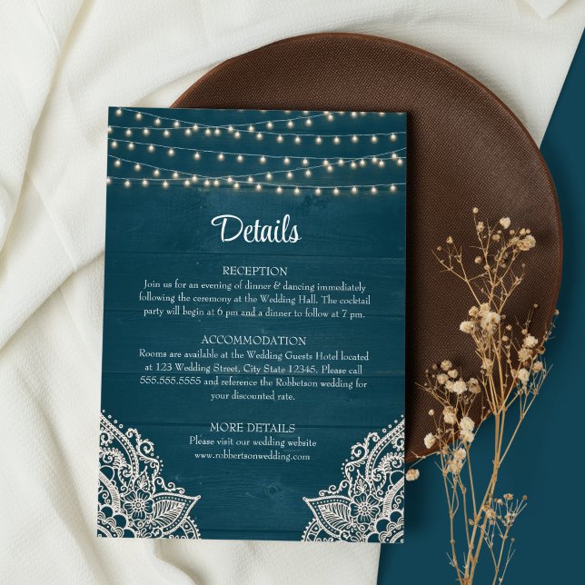 Mörk Teal Rustic Elegance Bröllop-informationskort Inbjudningar (Dark Teal Wedding Details on brown and white background with dry wildflower)