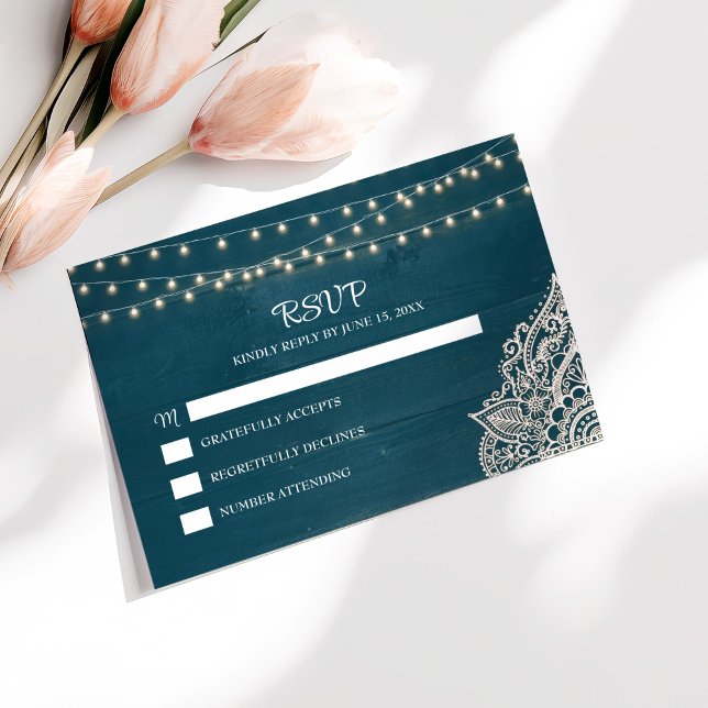 Mörk Teal Rustic Elegance OSA kort (Dark Teal Rustic Elegance RSVP Card on a white table with pink tulips.)