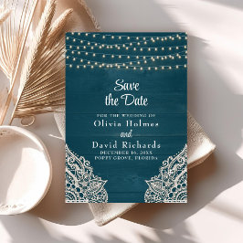 Mörk Teal Rustic String Light Spara datumkortet Inbjudningar