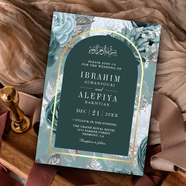 Mörk Teal Seafoam Blommigt Arch Muslim Bröllop Inbjudningar (Skapare uppladdad)