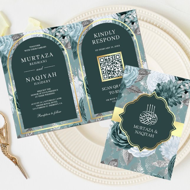 Mörk Teal Seafoam Blommigt QR Kod Muslim Bröllop Inbjudan (Skapare uppladdad)