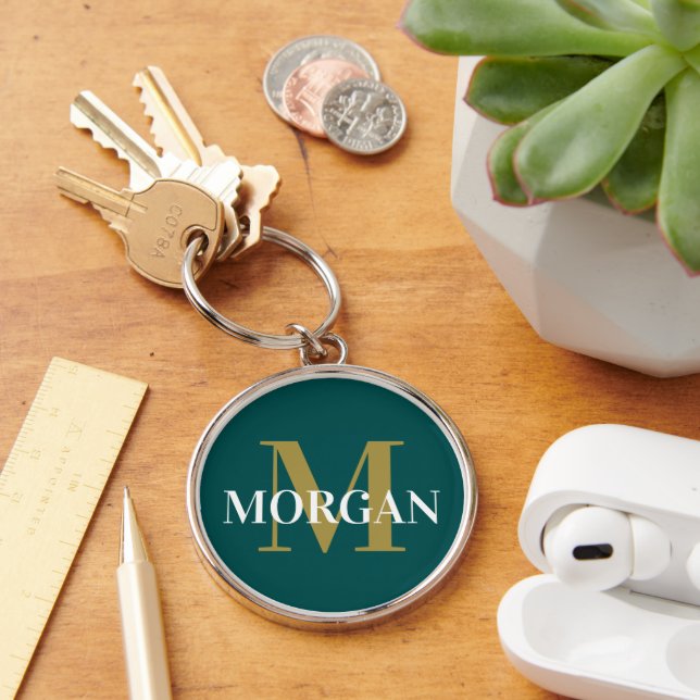 Mörk Teal Solid Färg Rund Silverfärgad Nyckelring (Skrivbord)