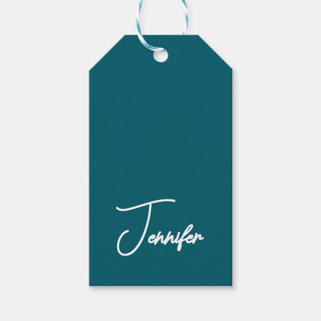 Mörk Teal Trend Modern Minimalist Handskriven Namn Presentetikett (Framsidan)