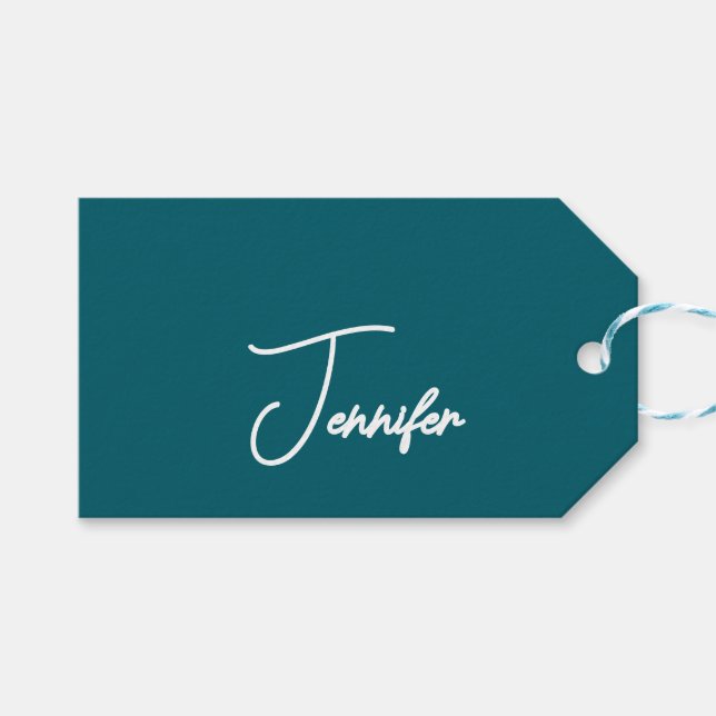 Mörk Teal Trend Modern Minimalist Handskriven Namn Presentetikett (Framsidan (Horisontell))