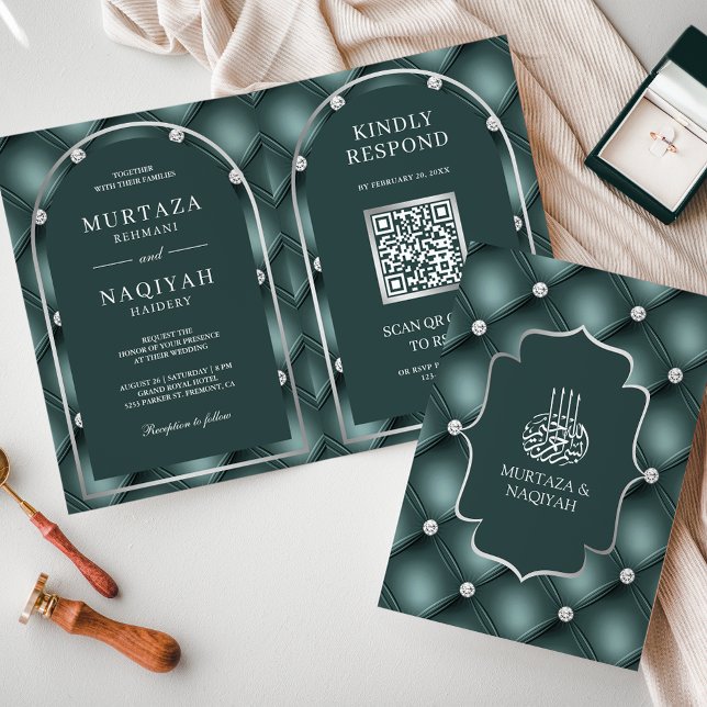 Mörk Teal Tumped Mönster QR-kod Muslim Bröllop Inbjudan (Skapare uppladdad)