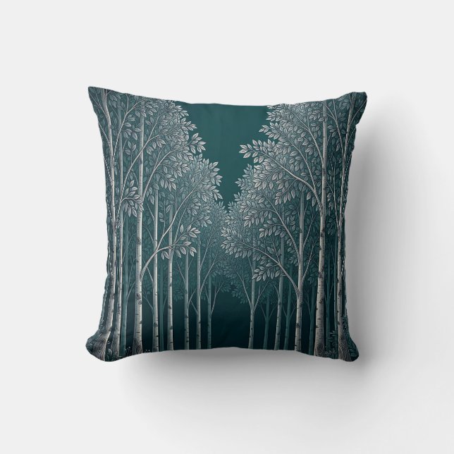 Mörk Teal Vit Björk Skog Träd  Kudde (Framsida)