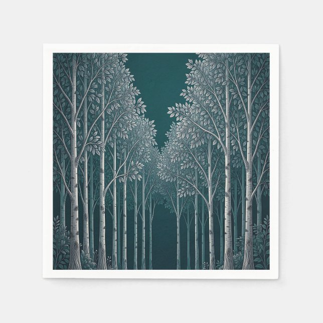 Mörk Teal Vit Björk Skog Träd  Pappersservett (Framsidan)