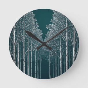 Mörk Teal Vit Björk Skog Träd Rund Klocka