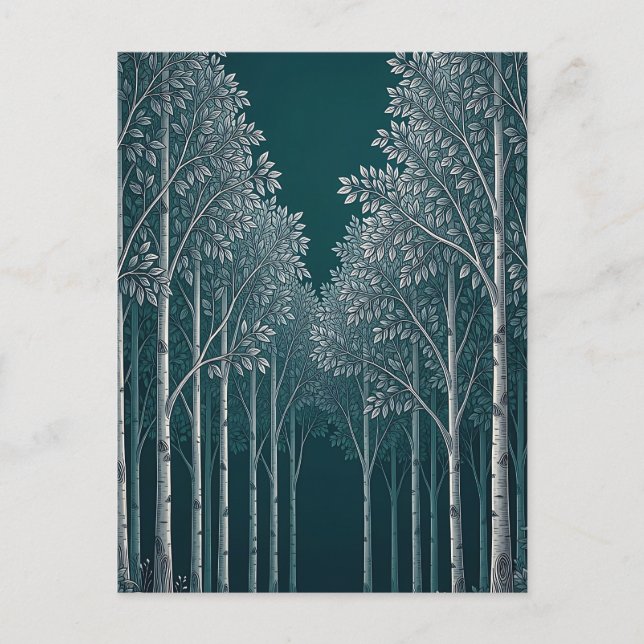 Mörk Teal Vit Björk Skog Träd  Vykort (Framsida)
