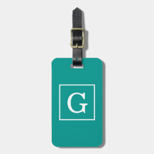 Mörk Teal Vit Ramad Initial Monogram Bagagebricka
