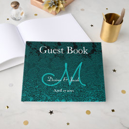 Mörk Teal Vit Turkos Elegant Bröllopsmonogram Gästböcker