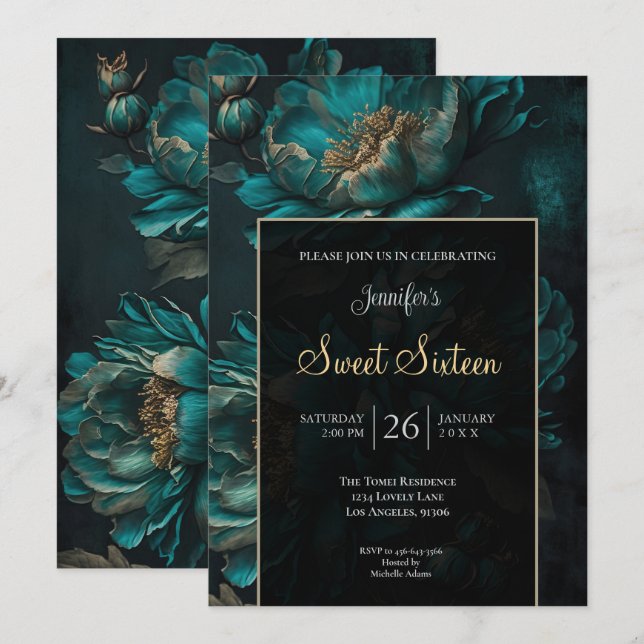 Mörk Tealblommande Festlig Sweet 16 Inbjudningar (Fram/baksida)