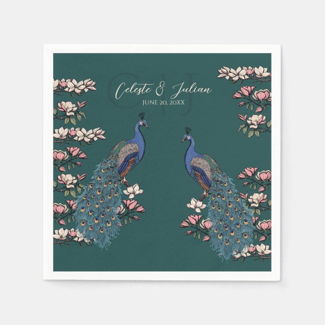 Mörk Tealblommig Påfågelbröllop Pappersservett (Framsidan)